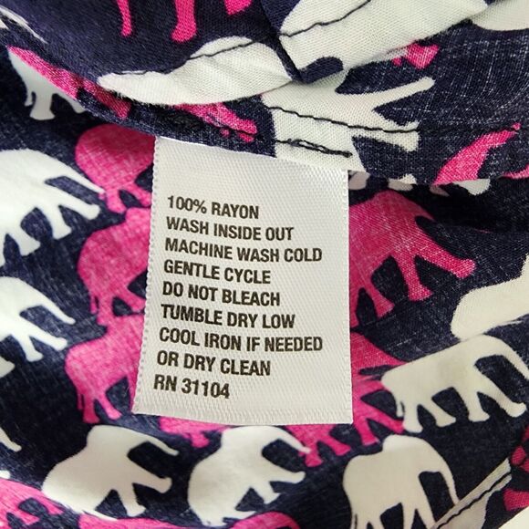 Crown & Ivy Shirt Womens Small Navy Pink Elephant Print Pleated Long Tab Sleeve - Picture 8 of 8